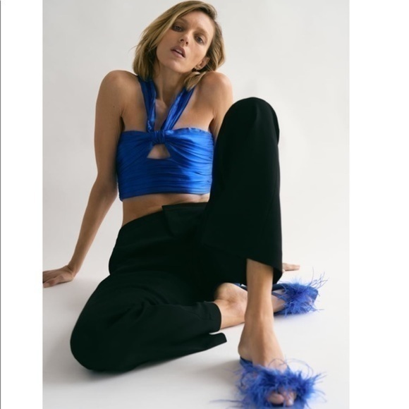 New Zara | Satin Effect Blue Cut Out Draped Crop Top - Picture 5 of 17